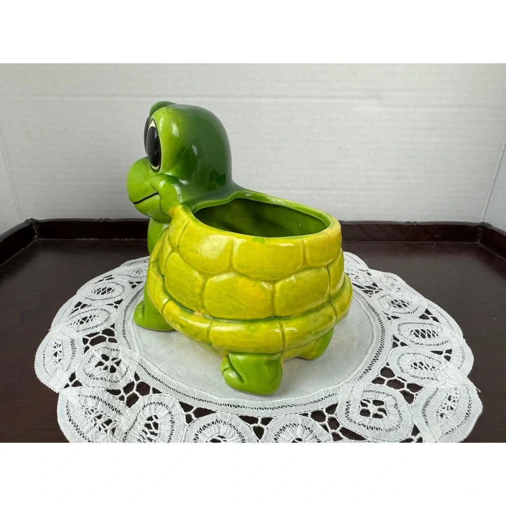Vintage Ceramic Turtle Planter Green Yellow Anthropomorphic Tortoise Figurine - Picture 6 of 10